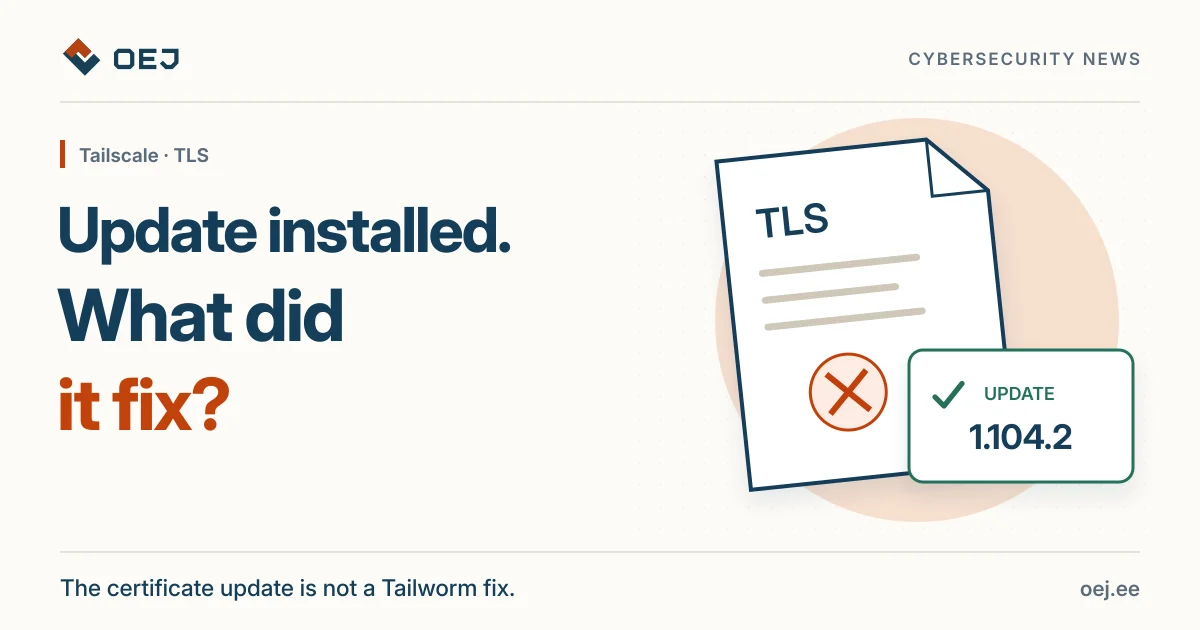 A TLS certificate beside an update badge for 1.104.2. The certificate issue and Tailworm are separate topics.