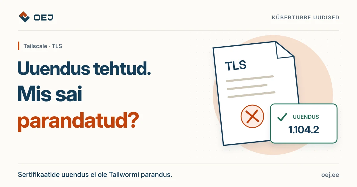 TLS-sertifikaat ja eraldi uuenduse märgis 1.104.2. Sertifikaadiprobleem ja Tailworm on eri teemad.